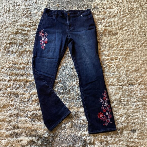 Susan Graver Jeans Dark Wash Floral Embroidered Blue Denim Boho Women’s Size 12 - Picture 1 of 8